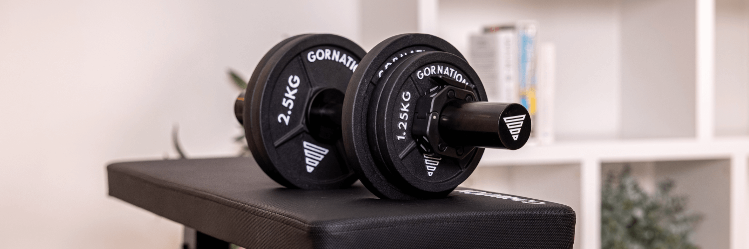 GORNATION Dumbbells laying on the GORNATION foldable bench 