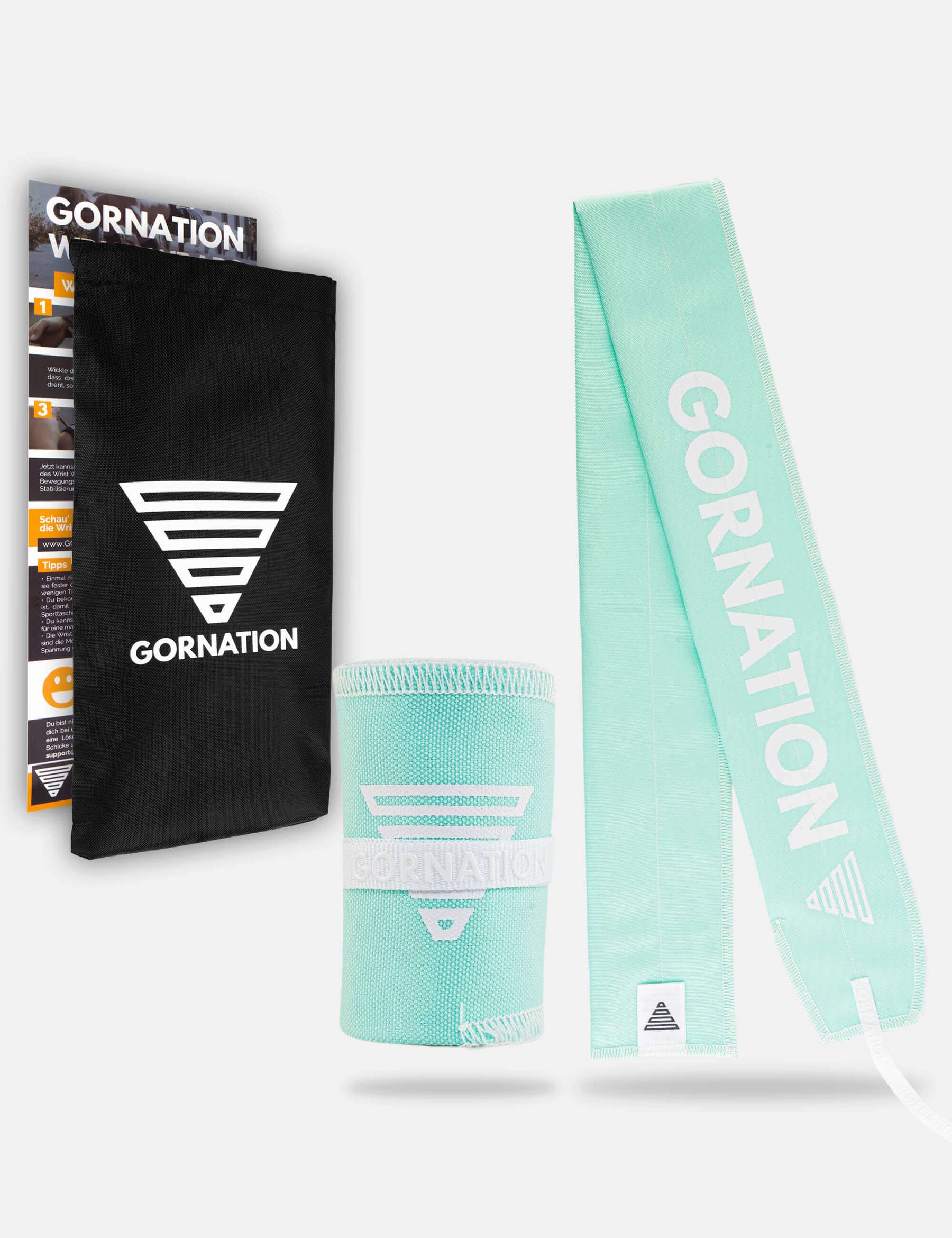 Mint wrist wrap from Gornation for extra stability and injury prevention. And black cary bag.