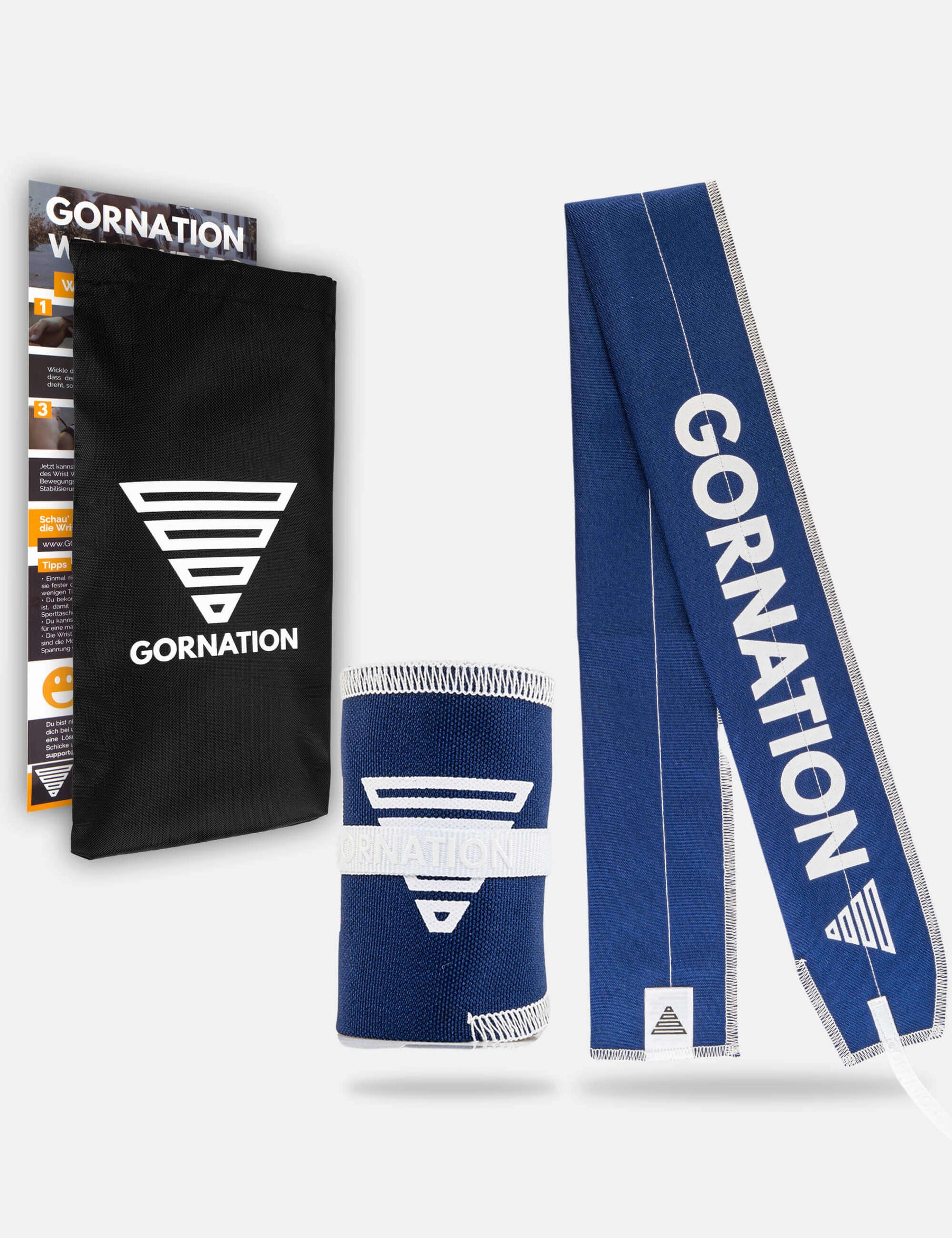 Navy wrist wrap from Gornation for extra stability and injury prevention. And black cary bag.