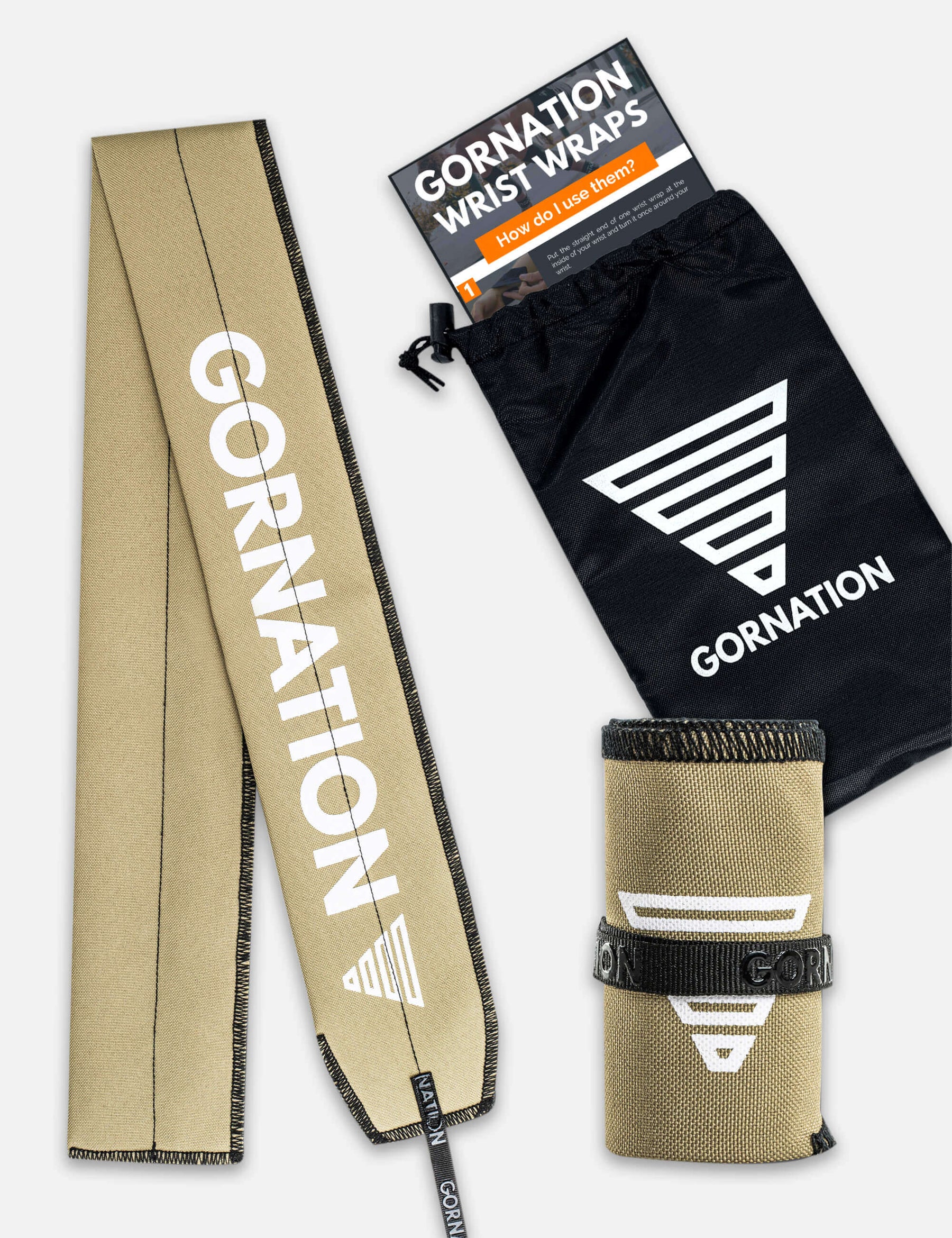 Olive wrist wrap from Gornation for extra stability and injury prevention. And black cary bag.